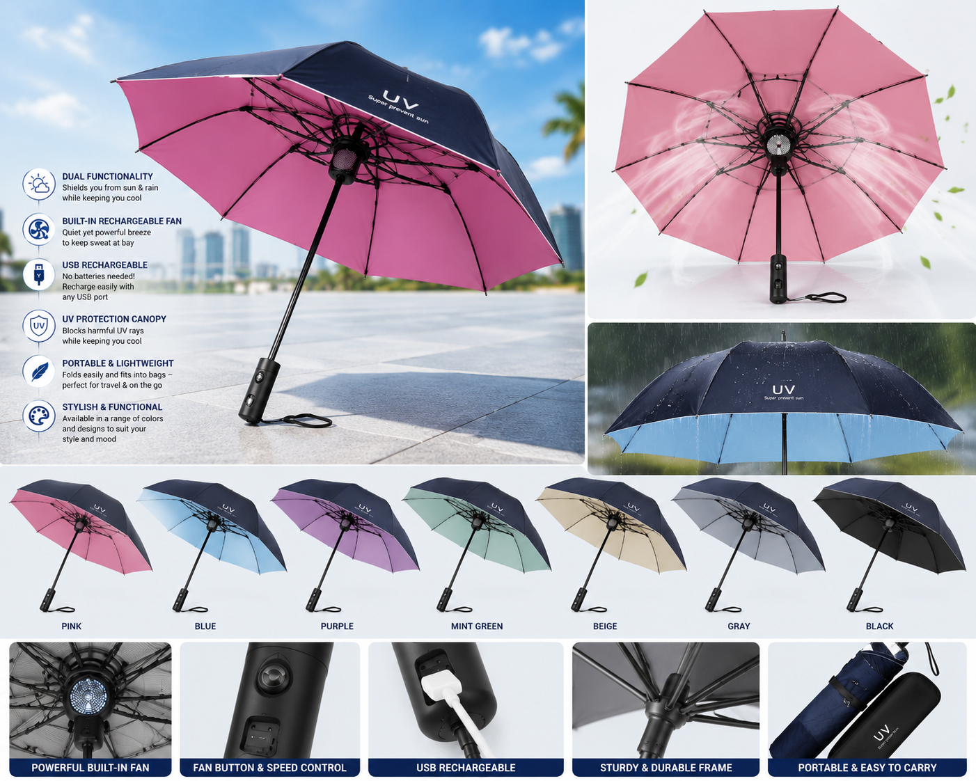 Umbrella with Fan and Mist Spray, USB Rechargeable, UPF 50+ Sun and Rain, Portable Umbrella