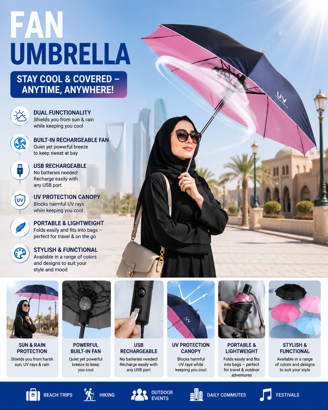 Umbrella with Fan and Mist Spray, USB Rechargeable, UPF 50+ Sun and Rain, Portable Umbrella